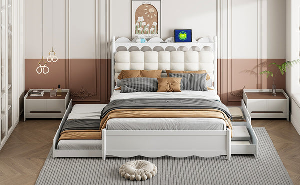English Elm Queen Size Wooden Storage Platform Bed With Trundle, Usb Ports, And Spacious Drawers In White N820S00038K-GIGA
