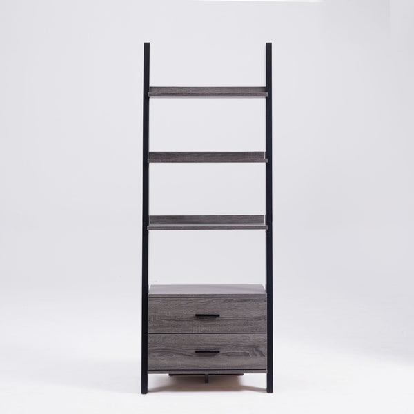 English Elm Two drawer ladder bookcase with two-tone distressed grey & black, 4 shelves, 2 drawers, aluminum bar handles, leaning design stability B107P295241