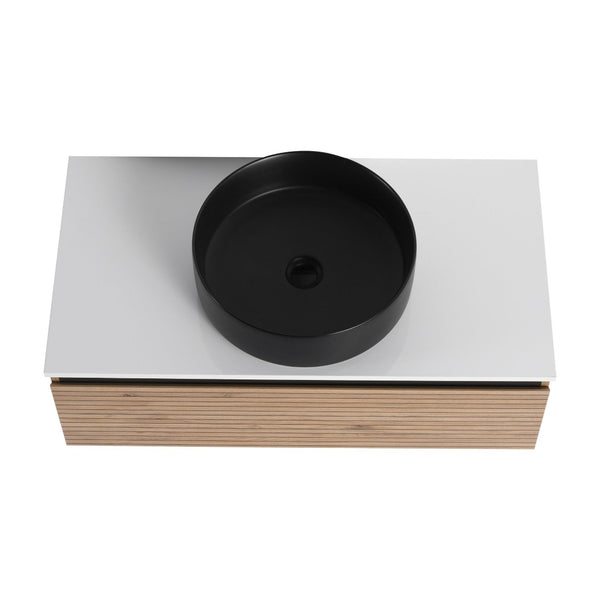 English Elm 36'' Floating Wall Mounted Vanity with Art Ceramic Vessel Sink and Soft Close Drawer W999S00363