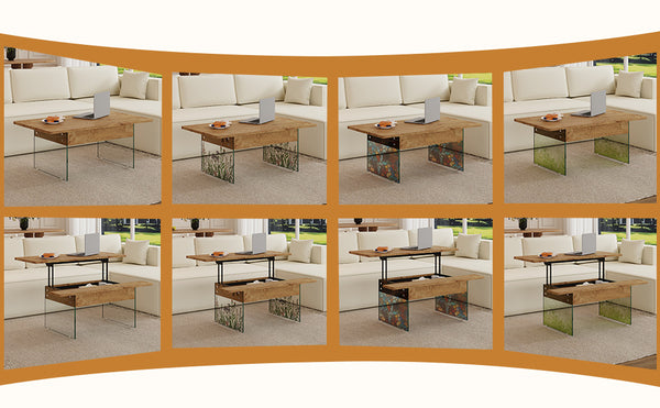 English Elm Multifunctional Lift Top Coffee Table with Tempered Glass Legs, Ergonomic Storage and Durable MDF Finish Natural Wood,Transparent W2920P226073