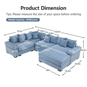 English Elm Oversized Modular Sectional Couch With Movable Ottoman - Luxurious Blue Corduroy, Ergonomic Comfort W714S01359-GIGA