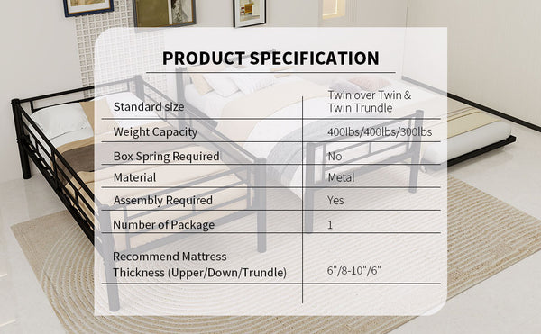 English Elm Heavy-duty Metal Twin over Twin Bunk Bed Black – Rust-Resistant Steel, Safety Rail, Non-Slip Ladder W1935P294225