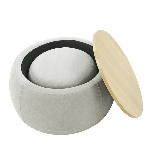 English Elm Round Storage Ottoman with Removable Top and Hidden Compartment, Eucalyptus Frame, 250lb Capacity LIGHT GREY W487P165699