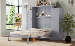 English Elm Queen Murphy Wall Bed Gray Pine Platform Frame with Dual Wardrobe Storage Shelves N733S339767E