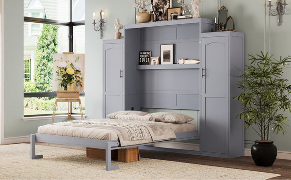 English Elm Queen Murphy Wall Bed Gray Pine Platform Frame with Dual Wardrobe Storage Shelves N733S339767E