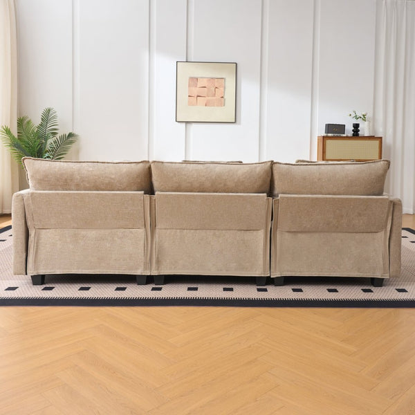 English Elm Beige Chenille Sectional Sofa with Modular Ottoman for Living Room or Studio Coffee W2603S00002
