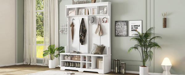 English Elm Modern Hallway Hall Tree with Bench, 6 Metal Hooks & Shoe Cubbies, Spacious Entryway Organizer White W1580P327014