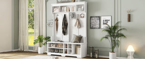 English Elm Modern Entryway Hall Tree with Six Hooks Bench Seat and Open Shoe Cubbies White W1580S00617