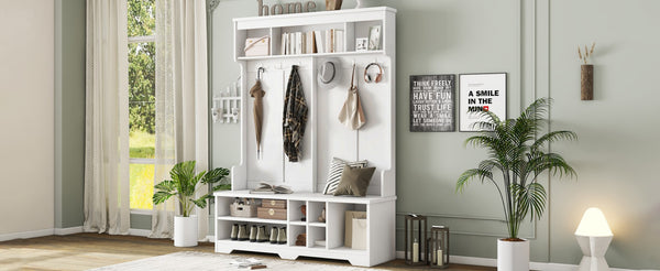 English Elm Modern Entryway Hall Tree with Six Hooks Bench Seat and Open Shoe Cubbies White W1580S00617