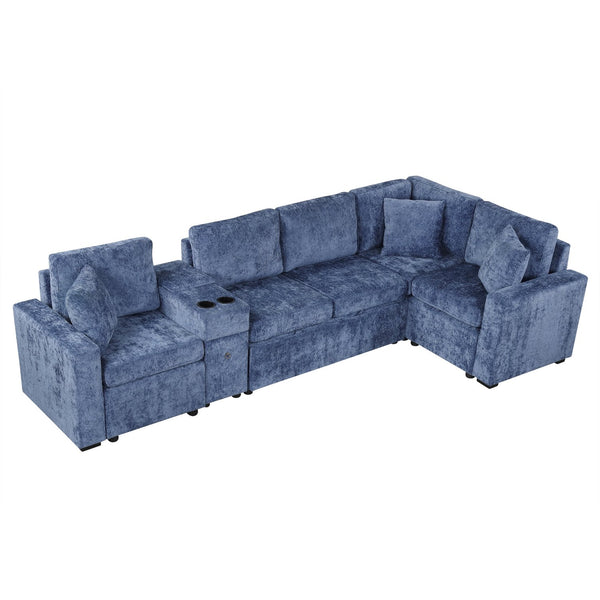 English Elm 120.5" L-shaped Convertible Sofa Bed Modular Sectional with Pull-Out Sleeper, Chenille, Storage, Cup Holders Blue N719S001940C