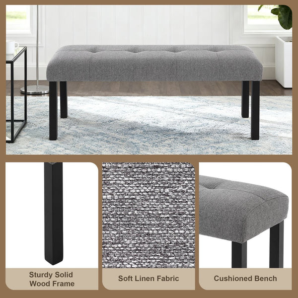 English Elm Modern Tufted Linen Dining Bench with Button-Tufted Seat and Rubber Wood Legs for Entryway Seating Gray N752P317335E