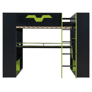 English Elm Full Size Gaming Loft Bed with Rgb Lighting Built-in Desk and Usb Charging Ports Green LT000275AAF