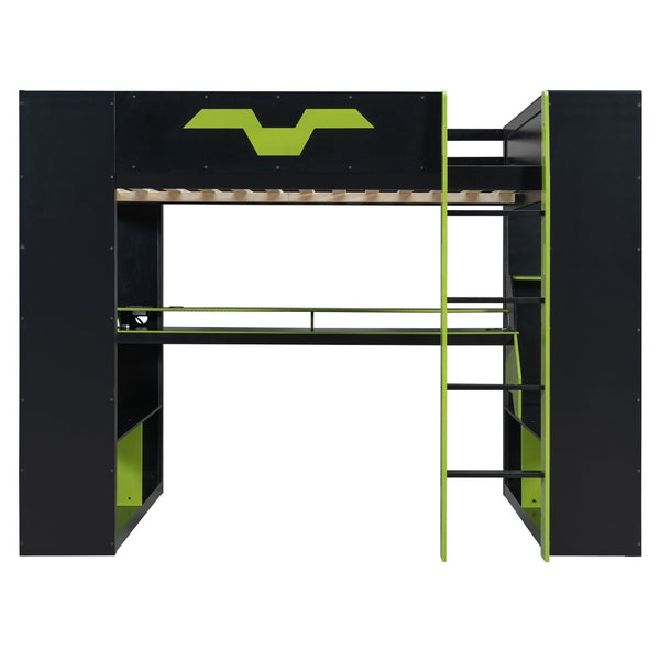 English Elm Full Size Gaming Loft Bed with Rgb Lighting Built-in Desk and Usb Charging Ports Green LT000275AAF