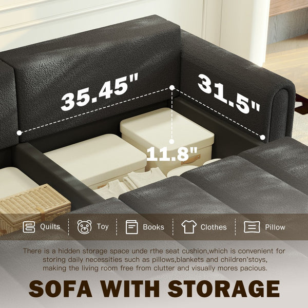 English Elm 90.2" Plush Teddy Fabric Convertible Sleeper Sofa with Hidden Storage for Living Room Black W1885S00313