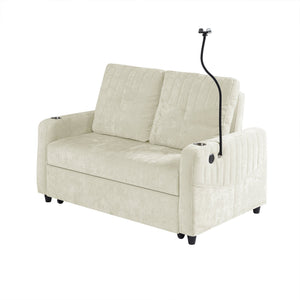 English Elm 53.9" Modern Loveseat Pull-Out Sofa Bed with Adjustable Backrest, Cup Holders, USB Charging Ports & Storage Beige N719S001650A
