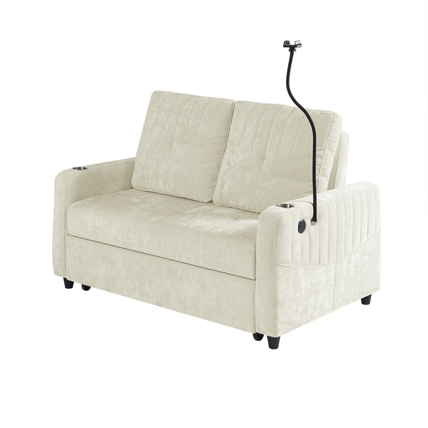English Elm 53.9" Modern Loveseat Pull-Out Sofa Bed with Adjustable Backrest, Cup Holders, USB Charging Ports & Storage Beige N719S001650A