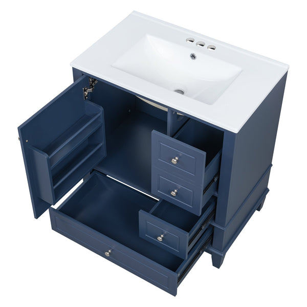 English Elm Christopher Knight Home® - 30" Freestanding Bathroom Vanity with Ceramic Sink, Soft-Close Door, Gold Knobs & 3 Drawers, Durable Painted Finish Blue N759P225994C