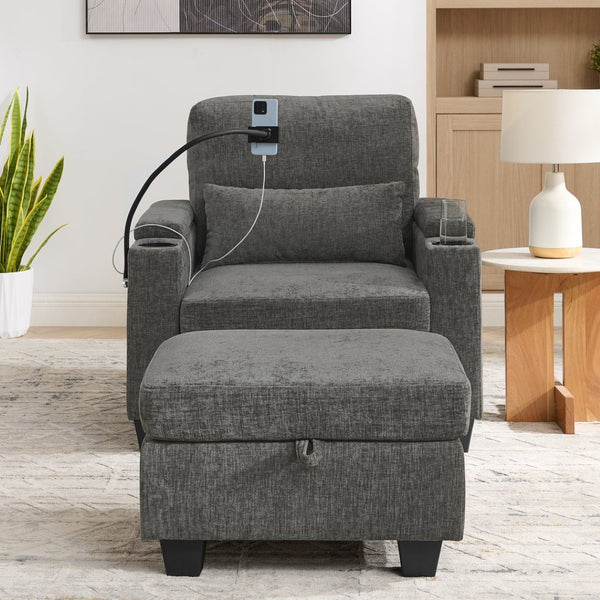 English Elm Single Chenille Manual Recliner with Usb Port Hidden Storage Ottoman and Cup Holders Gray W487P423648