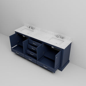 English Elm Navy Double Bath Vanity 80" W x 22" D with Carrara Marble Top, Chrome Faucet, Soft-Close Storage B2731P258408