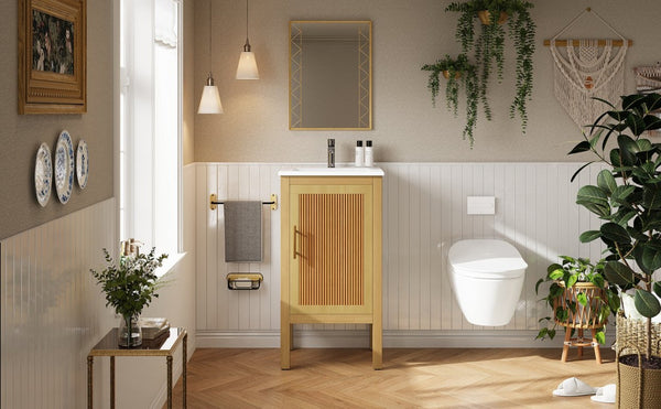 English Elm 18" Pine and Mdf Bathroom Vanity with Ceramic Basin Soft Close Hinged Cabinet N710P426321P