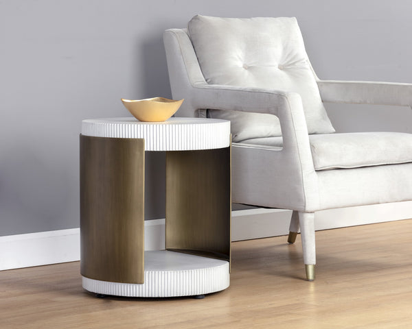 Sunpan Cavette End Table - Elegant White Concrete & Antique Brass Frame, Perfect for Chic Indoor Spaces