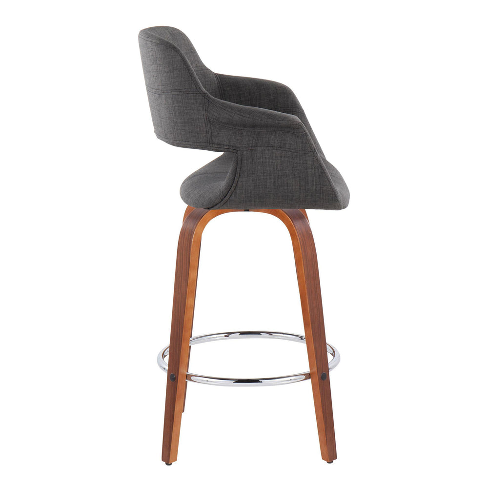 English Elm Vintage 26" Flair Mid-Century Counter Stool Set of 2 — Walnut Wood Legs, Charcoal Fabric, Swivel & Chrome Footrest (Fixed Height) B202S00460