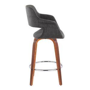 English Elm Vintage 26" Flair Mid-Century Counter Stool Set of 2 — Walnut Wood Legs, Charcoal Fabric, Swivel & Chrome Footrest (Fixed Height) B202S00460