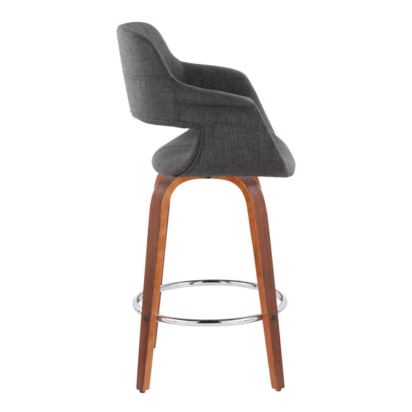 English Elm Vintage 26" Flair Mid-Century Counter Stool Set of 2 — Walnut Wood Legs, Charcoal Fabric, Swivel & Chrome Footrest (Fixed Height) B202S00460