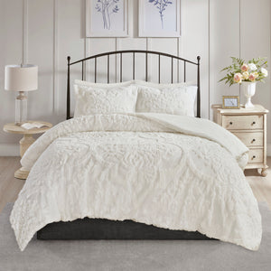 English Elm 3 Viola Tufted Cotton Chenille Damask Comforter Set King/Cal King Off-White - Oeko-Tex, Cottage Chic B03597088