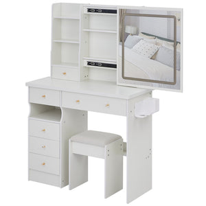 English Elm 37" Vanity Table Set with Led Mirror Stool Built-in Outlets and Hair Dryer Storage White W3258P448842