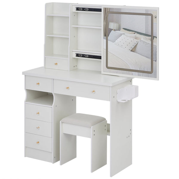 English Elm 37" Vanity Table Set with Led Mirror Stool Built-in Outlets and Hair Dryer Storage White W3258P448842