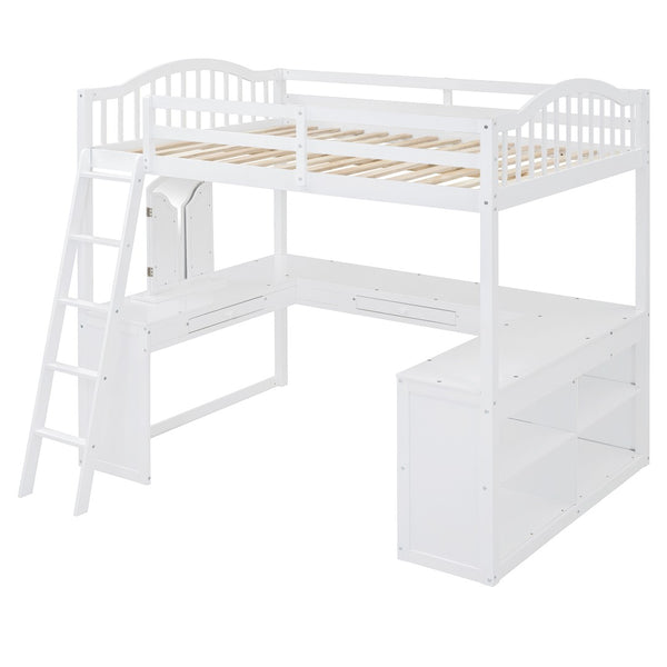 English Elm Full Wood Loft Bed with Wraparound Study Desk Built-in Storage and Vanity Mirror N708S00008K
