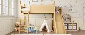 English Elm Twin Loft Bed Solid Pine Frame with Wardrobe Shelving Detachable Slide Kids Room Natural W5305S00017