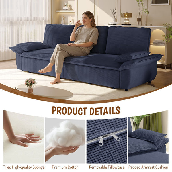 English Elm 94.5" King Convertible Sleeper Sofa Corduroy Upholstered Chaise Lounge Guest Room Bed Blue W1885S00310