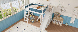 English Elm Twin Loft Bed Solid Pine Frame with Wardrobe Shelving Detachable Slide Kids Room White+Blue W5305S00019