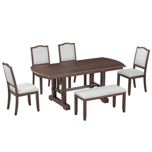 English Elm 6-piece Extendable Wood Dining Set with Linen Upholstered Chairs Bench Seats Eight Cherry N752S000097C