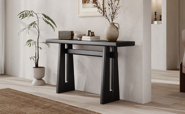 English Elm Mirod Wood Veneer Geometric Console Table Sculptural Sled Base for Entryway Hallway N760P321811B