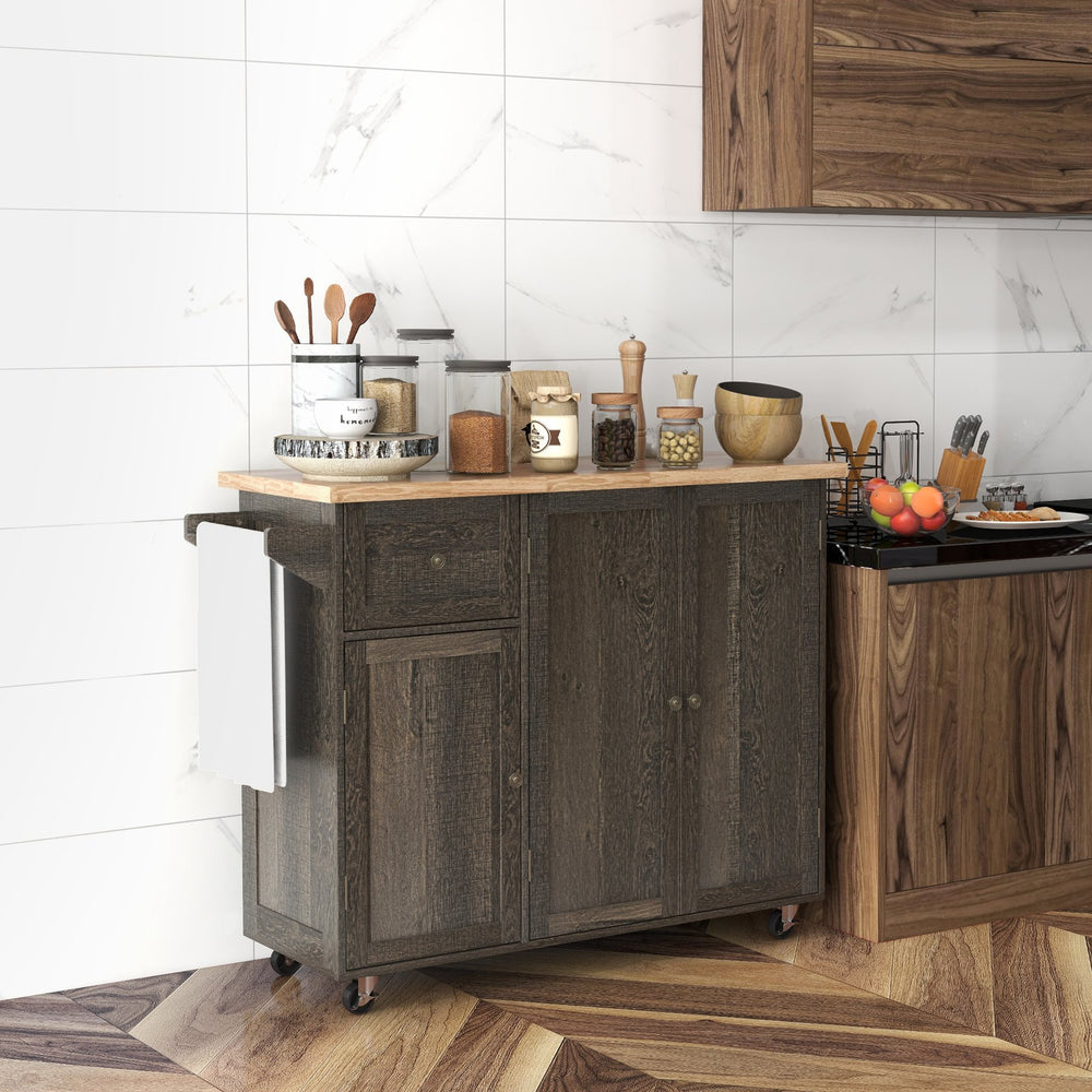 English Elm HOMCOM Rustic Rolling Kitchen Island Cart with Butcher Block Top, Drawer, 2 Cabinets & Towel Rack W2225P200933