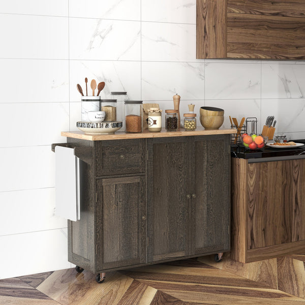 English Elm HOMCOM Rustic Rolling Kitchen Island Cart with Butcher Block Top, Drawer, 2 Cabinets & Towel Rack W2225P200933