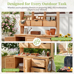 English Elm (with Hutch) Topamx Solid Fir Potting Bench Patio Workstation Spice Rack Drawer Natural Wood N717P404331A