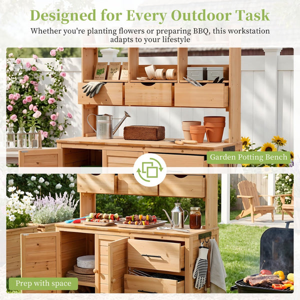 English Elm (with Hutch) Topamx Solid Fir Potting Bench Patio Workstation Spice Rack Drawer Natural Wood N717P404331A