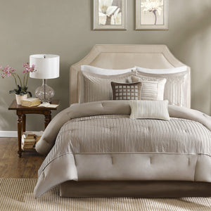 English Elm 7 Madison Park Trinity Taupe Polyester Charmeuse 7-Piece Cal King Comforter Set with Pleats & Pillows B035128912