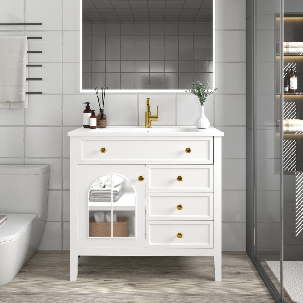 English Elm 35.6" Freestanding Bathroom Vanity with Roman Column Base and Ceramic Integrated Sink White W1801S00011