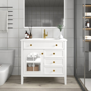 English Elm 35.6" Freestanding Bathroom Vanity with Roman Column Base and Ceramic Integrated Sink White W1801S00011