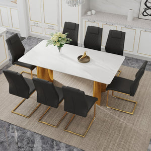English Elm Table Set With Elegant Glass Top, Imitation Marble Finish & 8 Comfortable Pu Chairs - Perfect For Dining! W1151S04348-GIGA