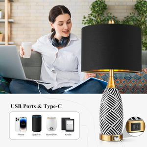 English Elm 25.5" Ceramic Striped Bedside Lamp Set with Touch Dimmer Usb Charging Ports Warm Glow W3355P440679