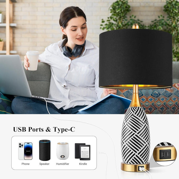 English Elm 25.5" Ceramic Striped Bedside Lamp Set with Touch Dimmer Usb Charging Ports Warm Glow W3355P440679