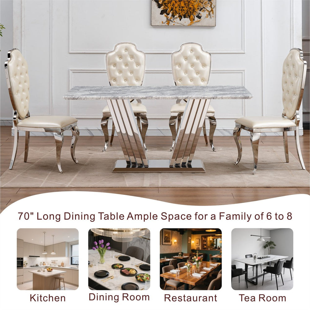 English Elm Marble Dining Table For 6 - 74.8'' Rectangular Faux Marble Top With Stylish Mirrored Base, Modern Elegance W3456S00047