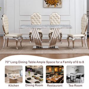 English Elm Marble Faux Top Rectangle Dining Table Seats Six Chrome Steel Base Modern Glam W3456S00058
