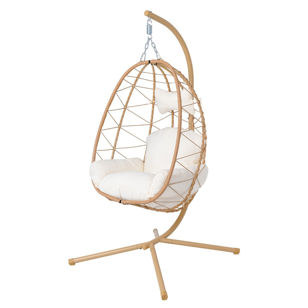 English Elm Hanging Egg Swing Chair Pe Wicker Foldable Frame with Cushion for Patio or Bedroom T5880P497565